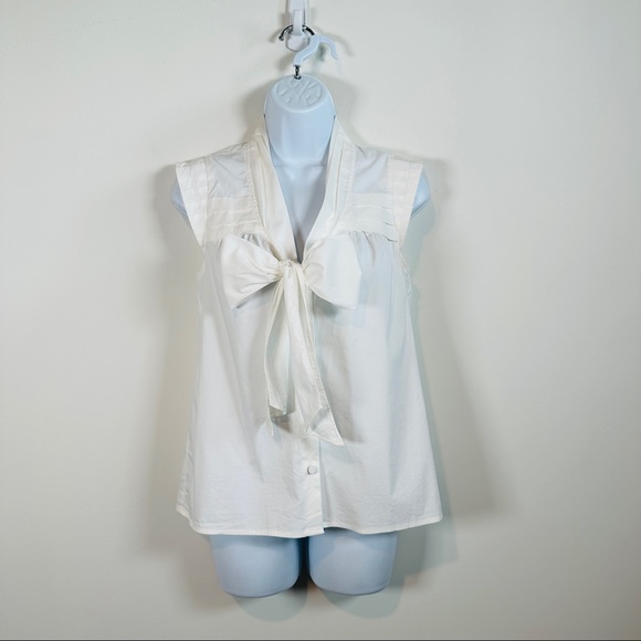 White Pleated Sleeveless Pussybow Button Down Top by Ann Taylor Loft Petites SP - Picture 8 of 8
